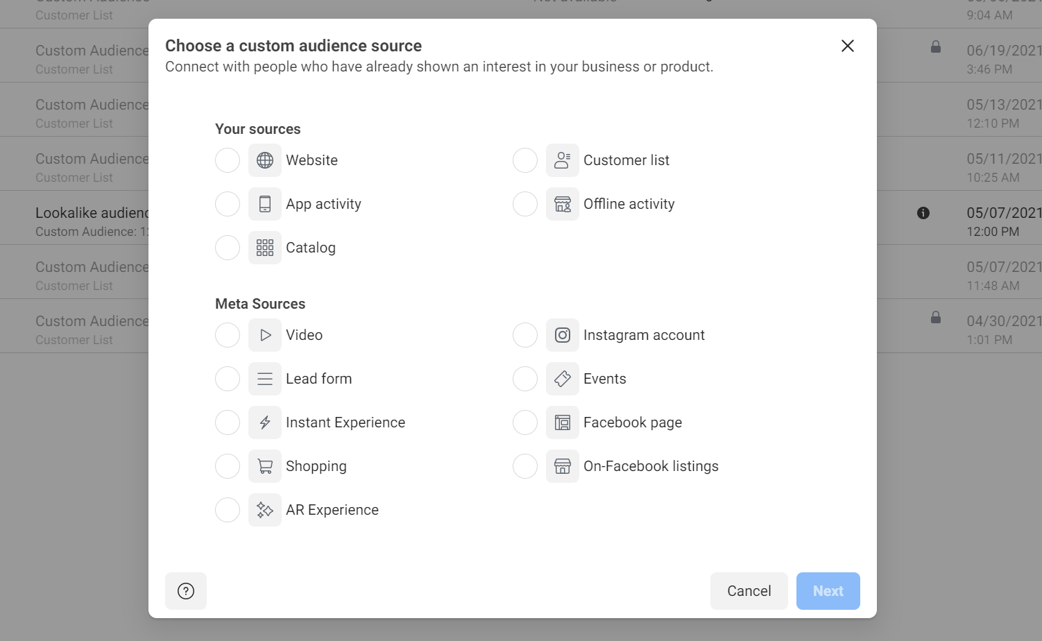 selecting a custom audience source