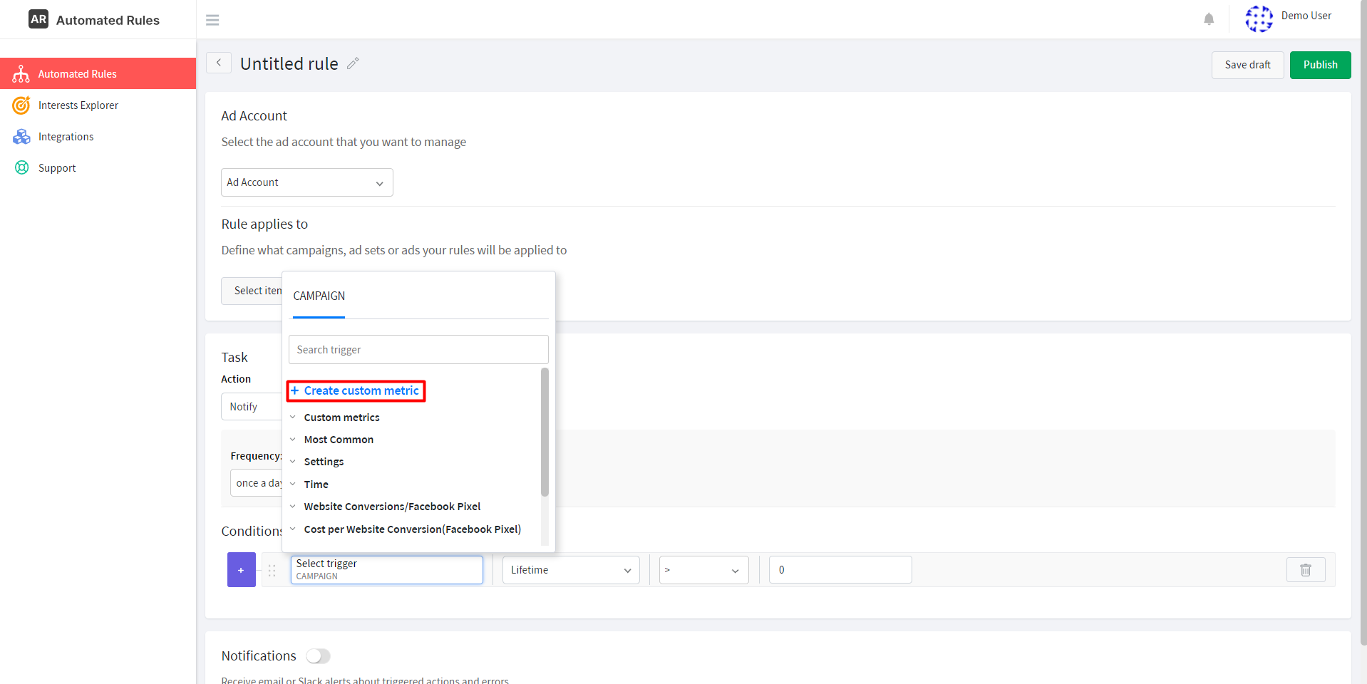 Creating custom metrics for Facebook ads in the AutomatedRules interface