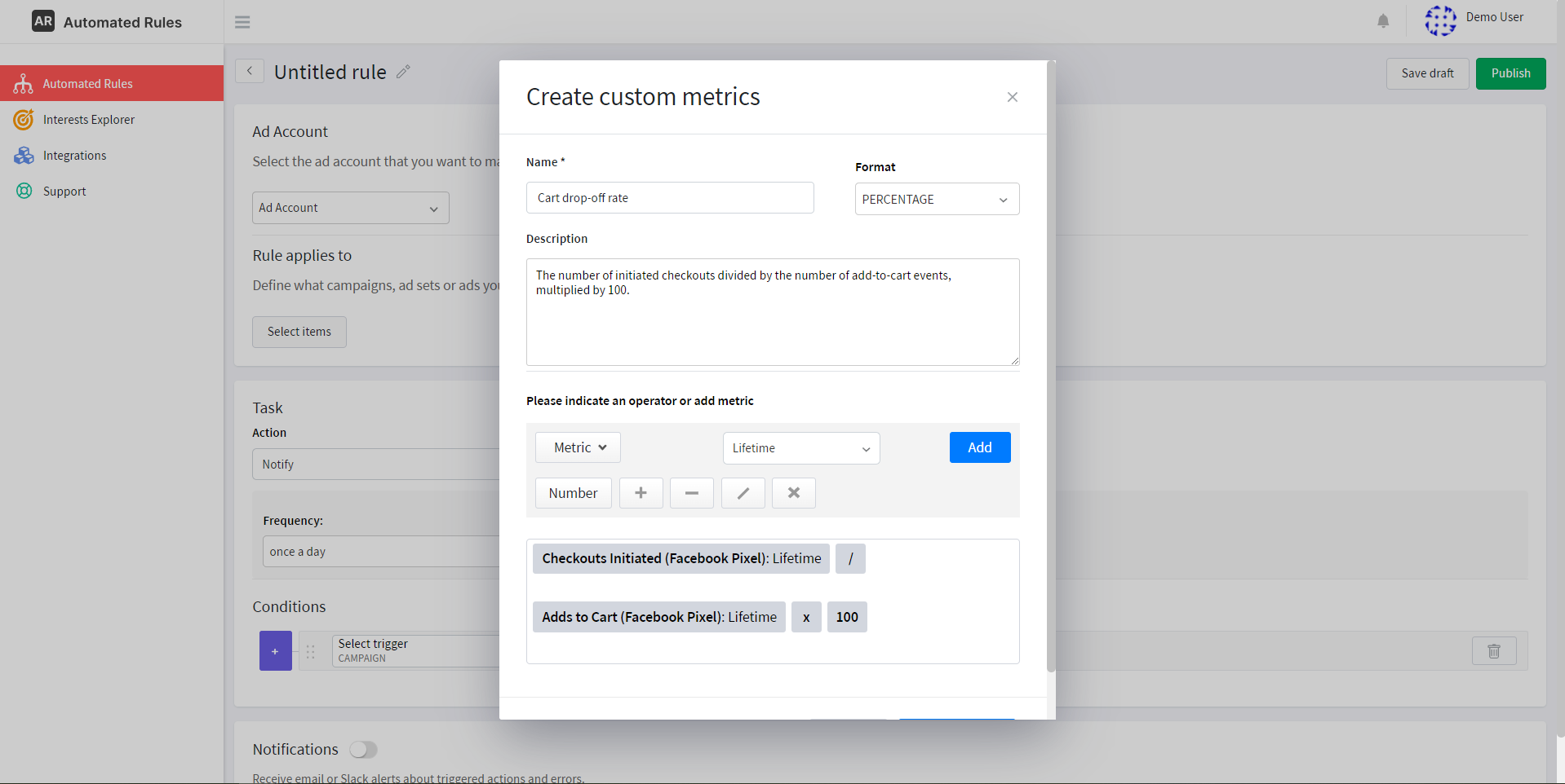 Creating the Cart drop-off rate metric with AutomatedRules