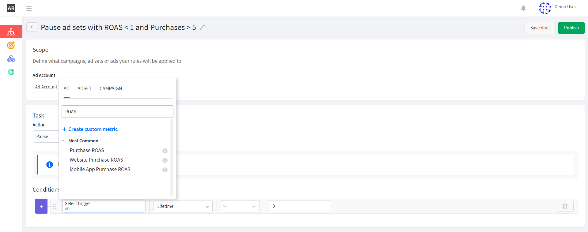 selecting the ROAS metric