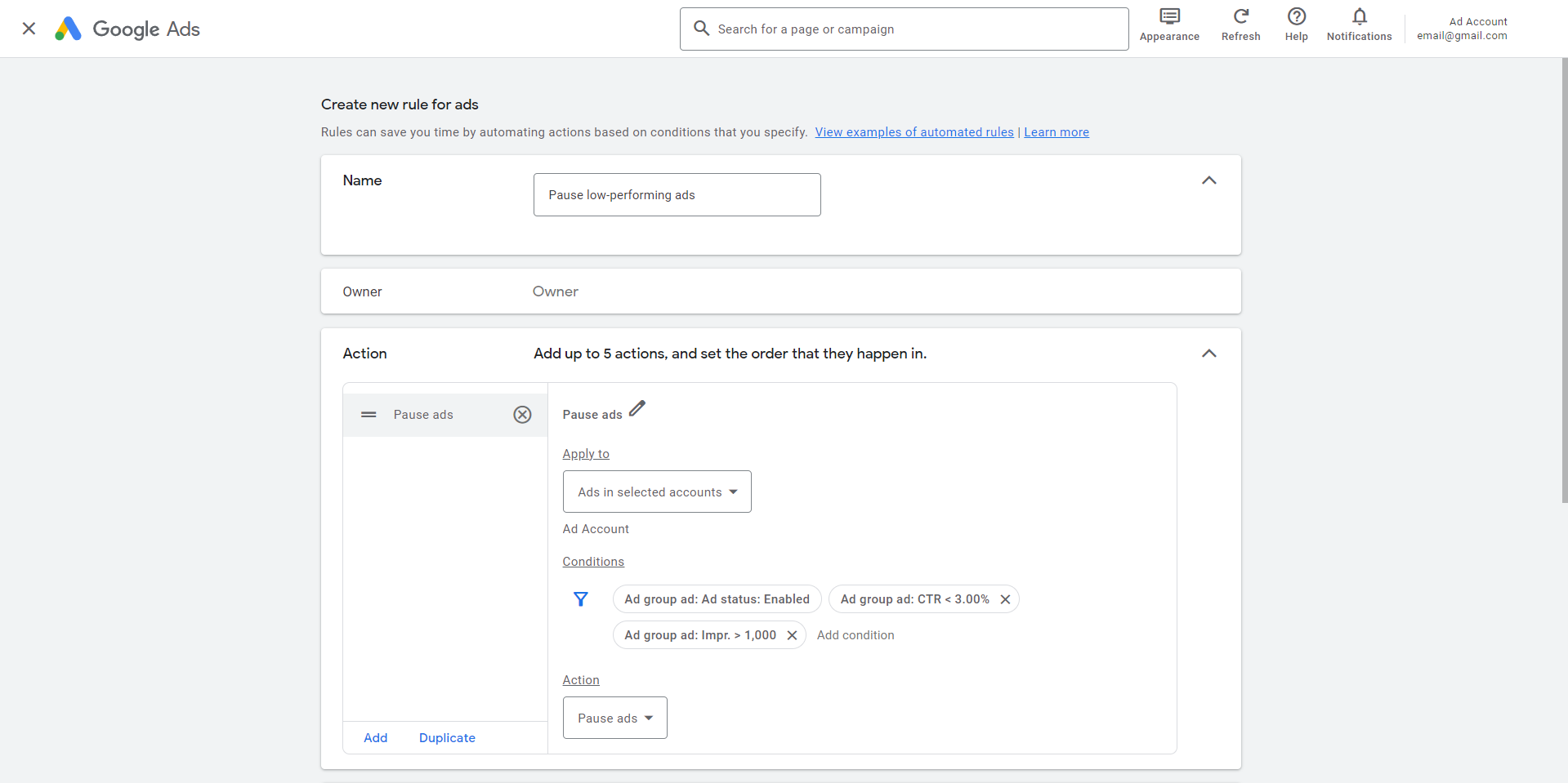 Google ads automated rule for pausing ads