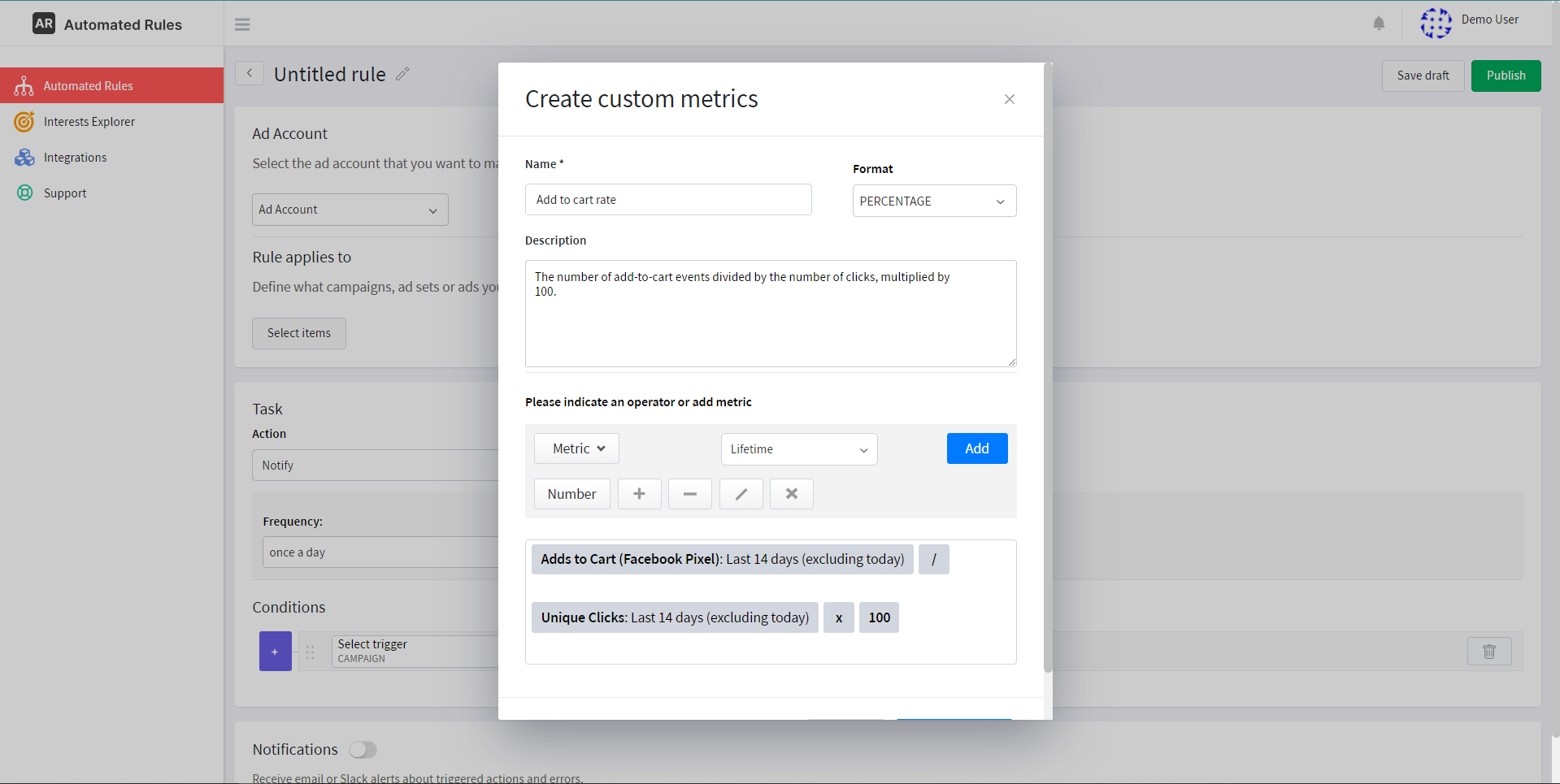 Creating the Add to cart ratio custom metric with AutomatedRules