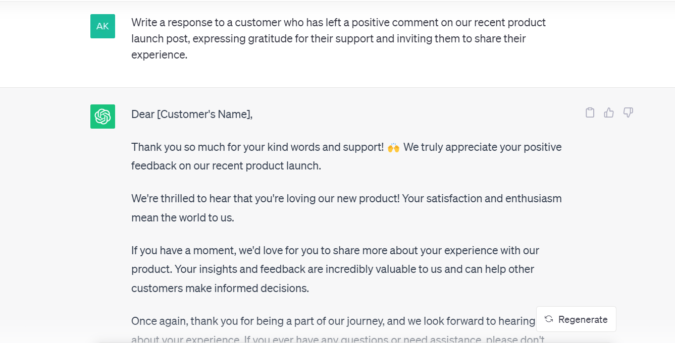 crafting a response to a customer who has left a positive comment on recent product launch post with ChatGPT
