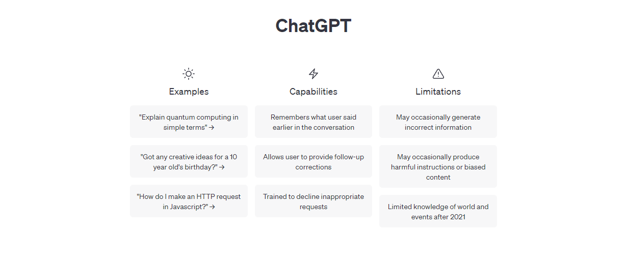 ChatGPT entry page with prompt examples, capabilities, and limitations listed