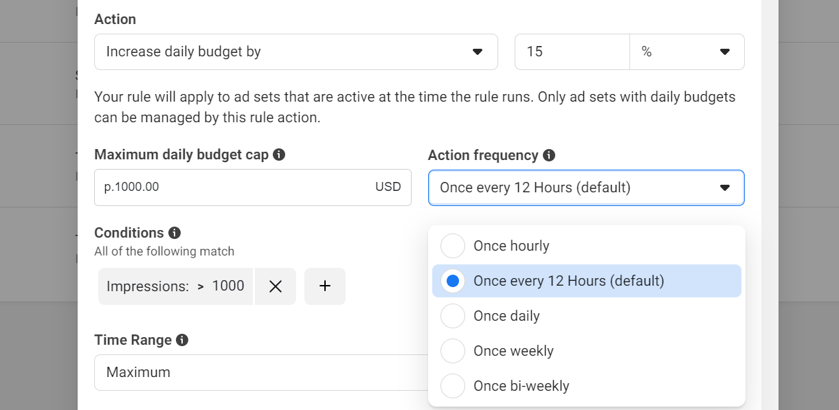 additional settings for the increase budget rule