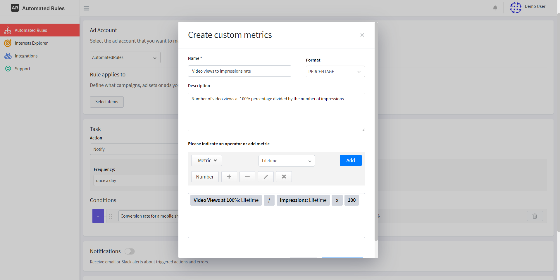 custom metrics on AutomatedRules