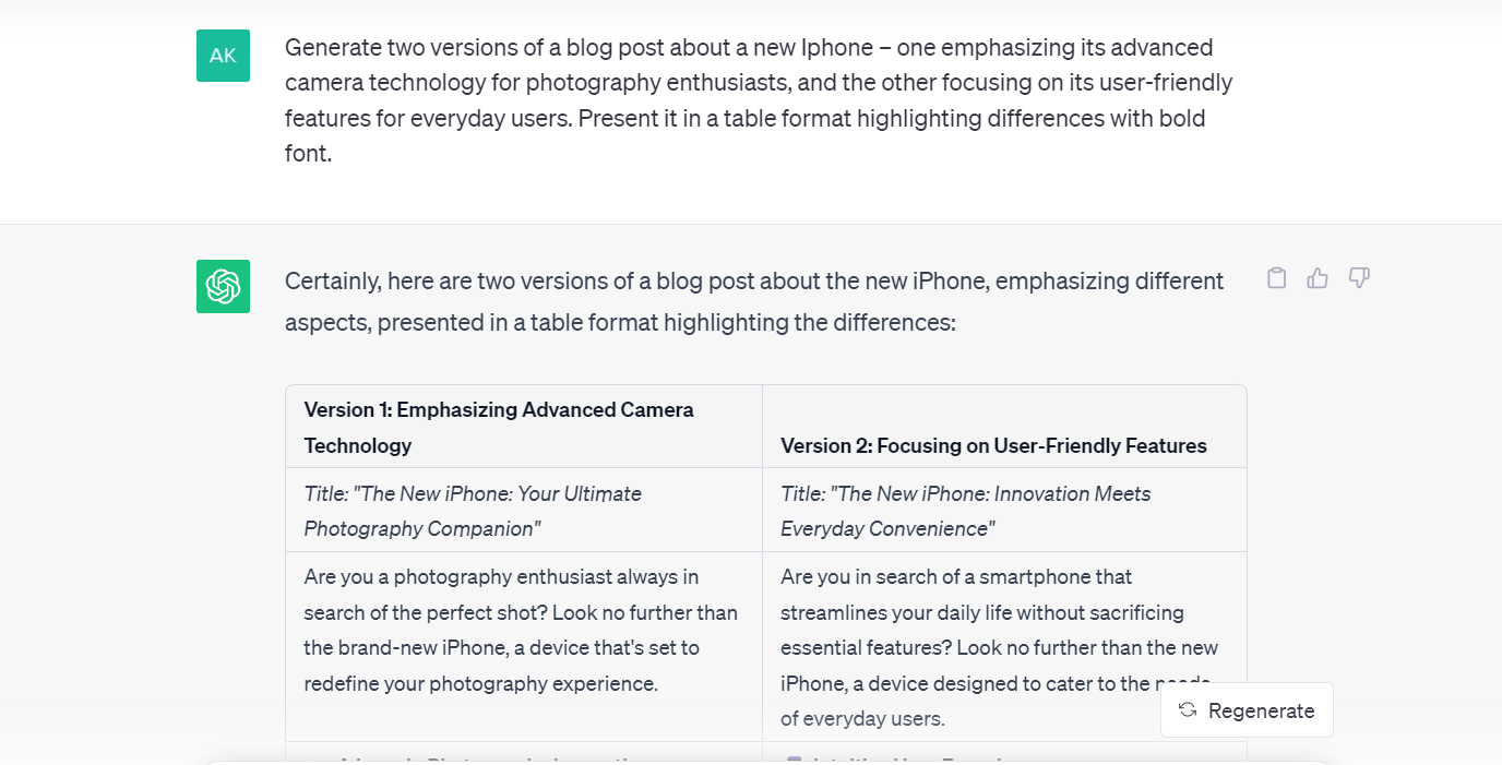 generating different versions of a blog post with ChatGPT