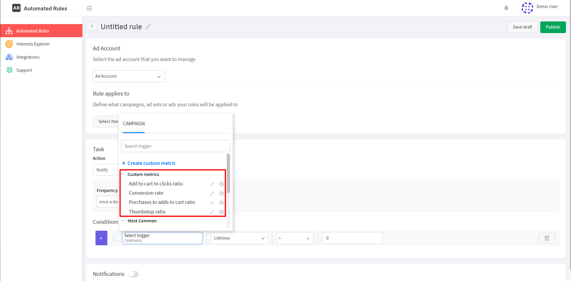 Selecting custom metrics in the AutomatedRules interface