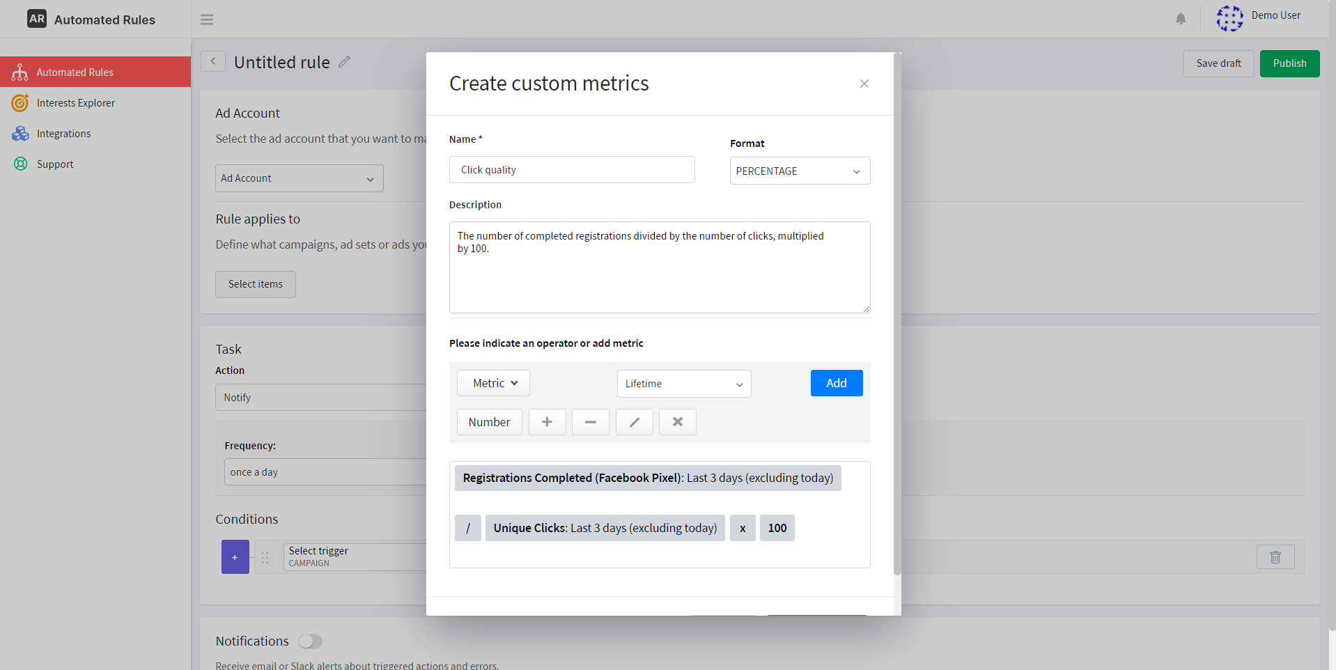 Creating the Click quality metric with AutomatedRules