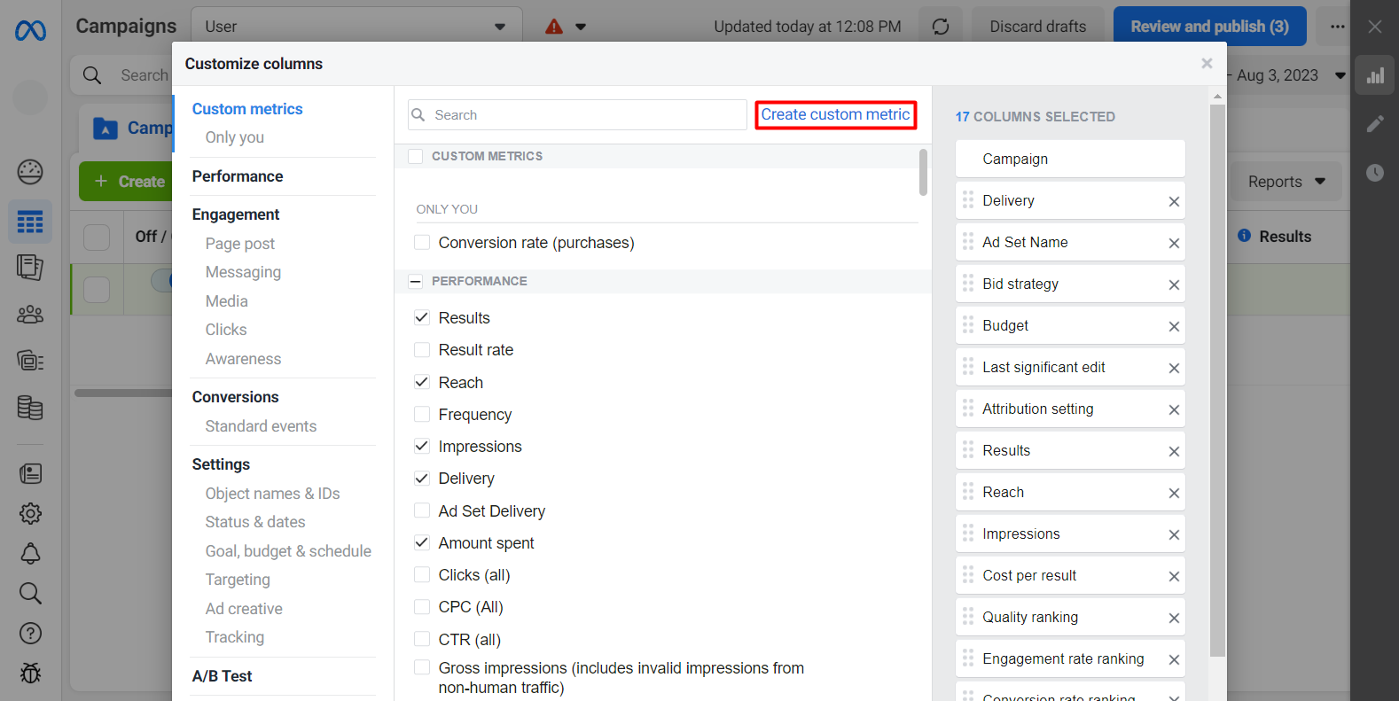 Creating custom metrics in Meta Ads Manager