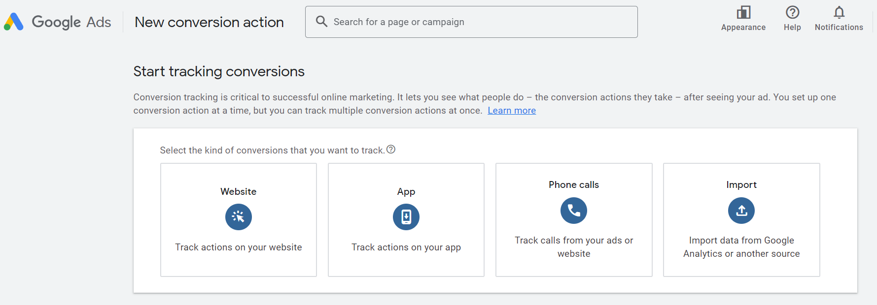 Google conversion actions