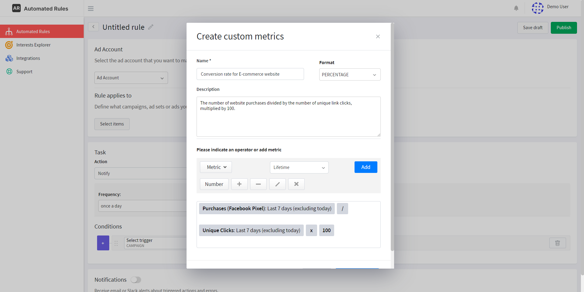 Creating the Conversion rate custom metric with AutomatedRules