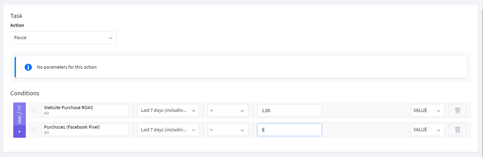 task section of the automated rule