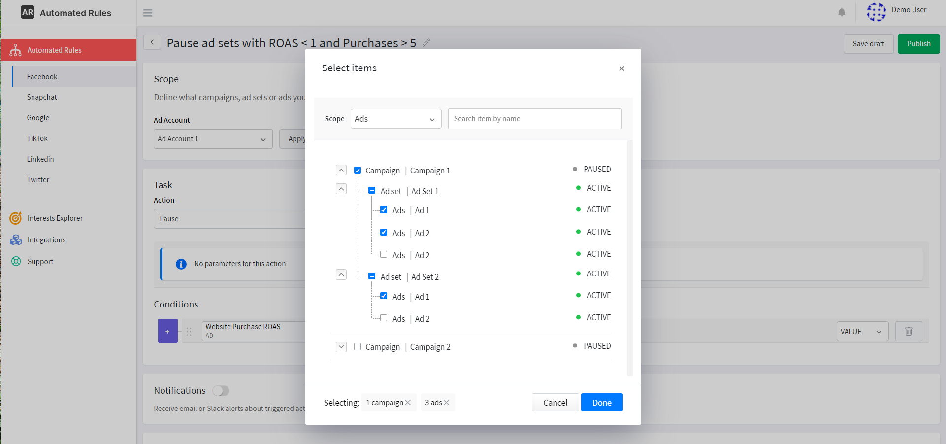 selecting the automated rule scope